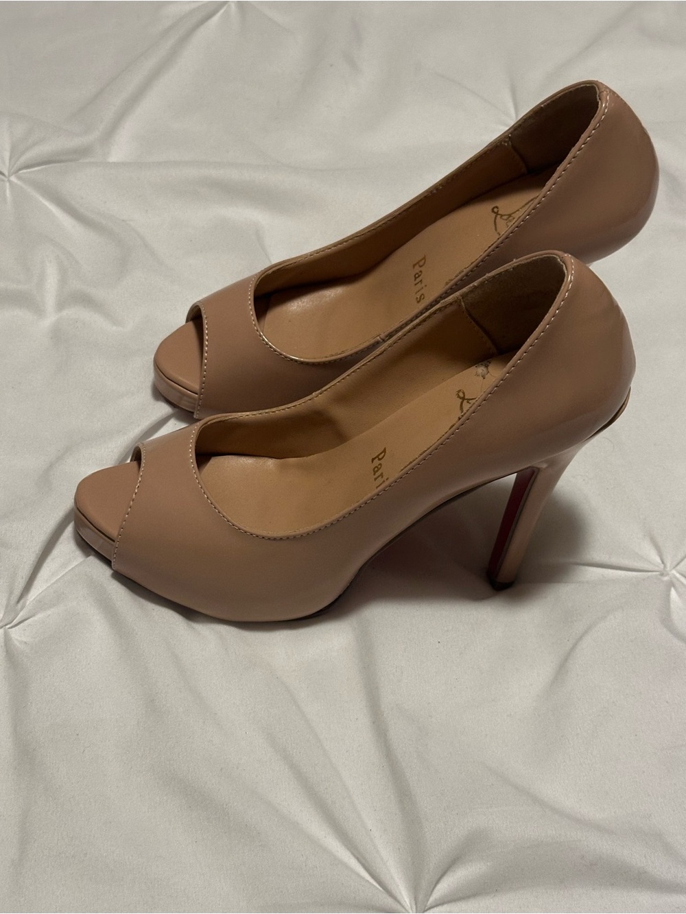Christian Louboutin Tan Very Prive Patent Red Sole Pumps